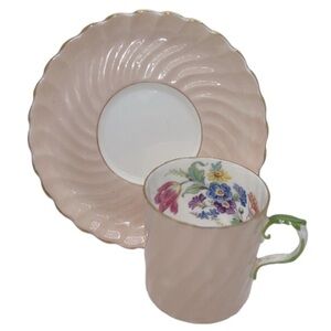 1950’s TEACUP / EXPRESSO CUP AND SAUCER AYNSLEY BONE CHINA PORCELAIN FLORAL PINK